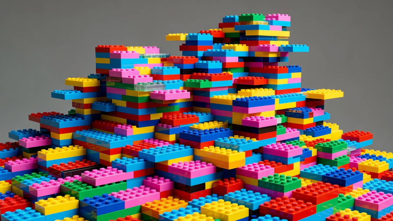 Colourful interlocking building bricks arranged into an abstract stepped structure