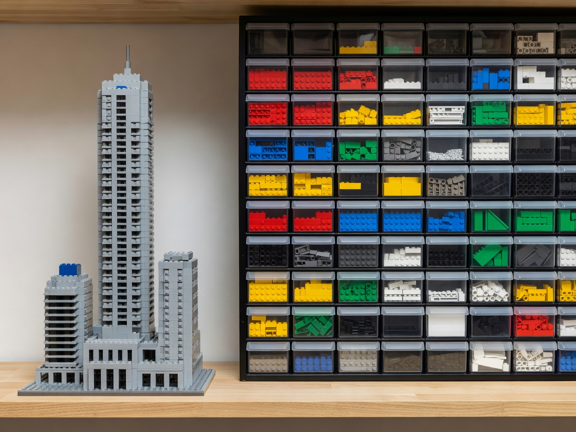 Finished brick model on a shelf beside neatly arranged parts drawers
