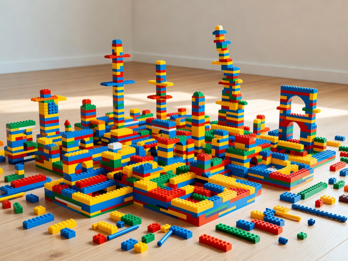 Colourful unfinished brick structures arranged for an open-ended building challenge