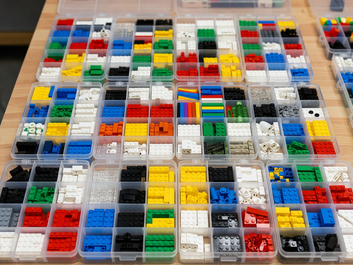 Organised collection of colourful building elements in labelled open trays